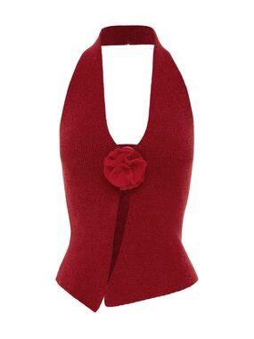 NWT With Jean Red Rose Halter Knitted Chenille Top Medium
